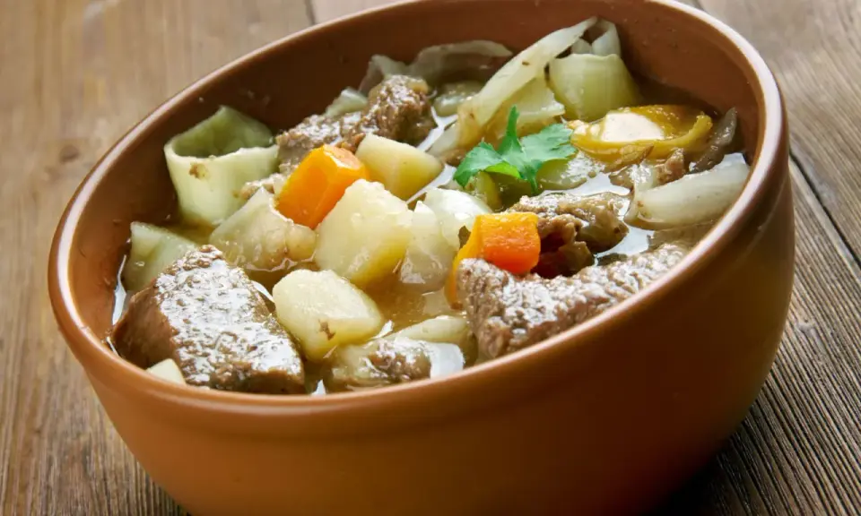 Un copieux plat typique des Pyrénées, un ragoût de bœuf avec pommes de terre et carottes, servi dans un bol en terre cuite.