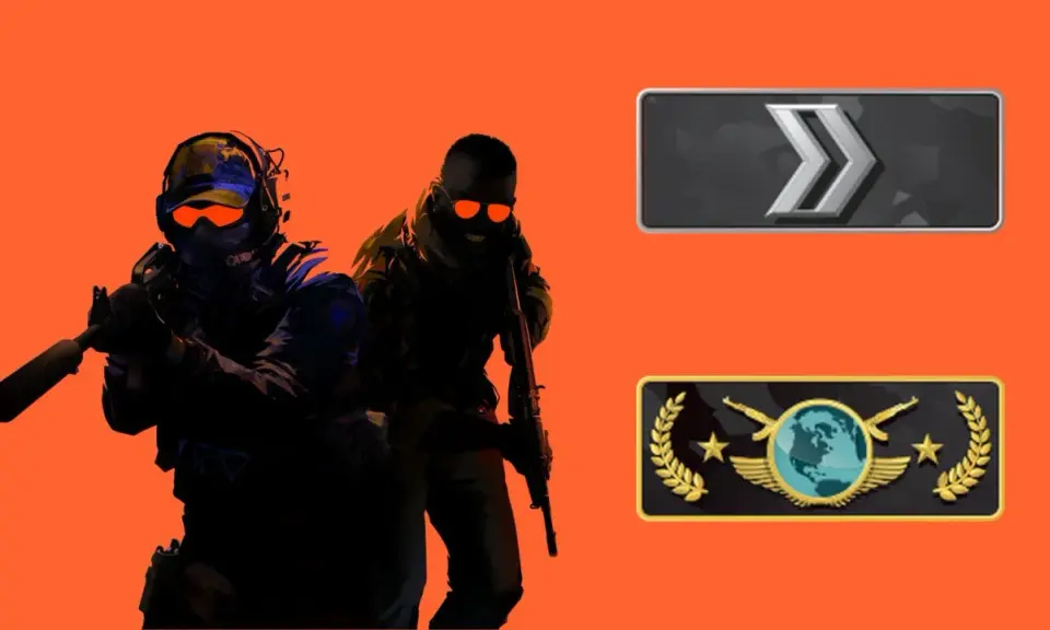 Dwóch graczy CS:GO z pomarańczowymi okularami, gotowych do akcji. Obok nich ikony rang: Srebrny II i Global Elite.