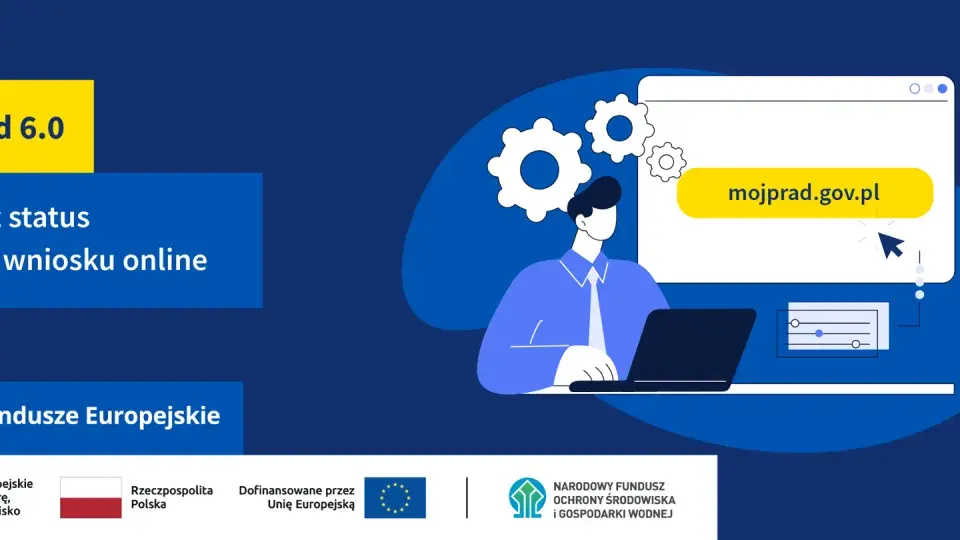 Osoba sprawdza status wniosku online na stronie mojprad.gov.pl. Program Mój Prąd 6.0.