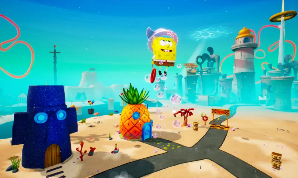 SpongeBob wesoło lata nad Bikini Dolnym, gotowy do kolejnych przygód w spongebob gry online.