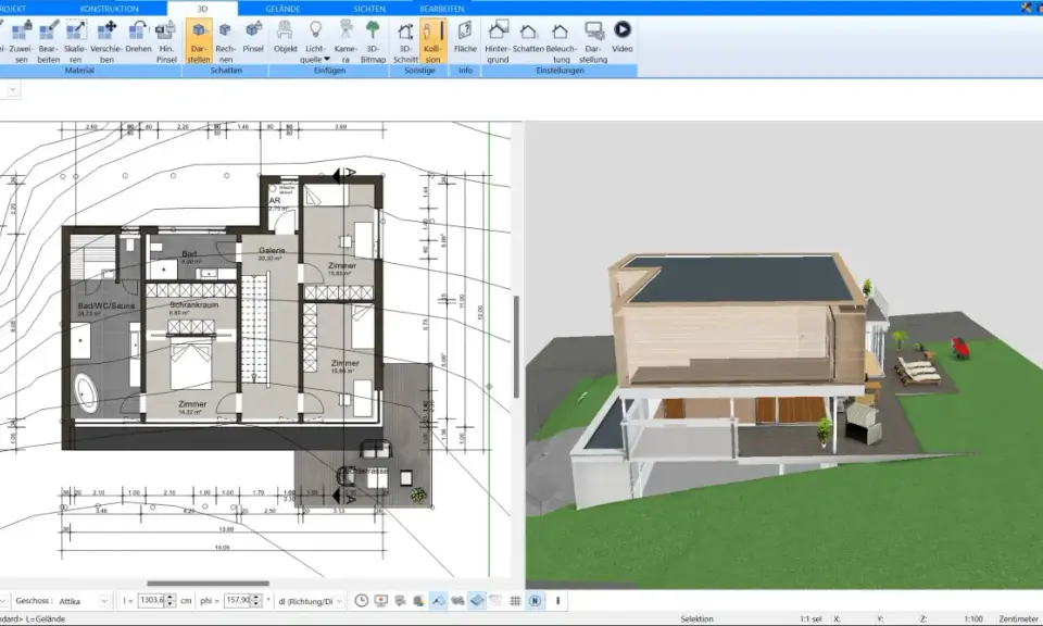 Grundriss und 3D-Ansicht eines modernen Hauses, das Dach wird gezeichnet.