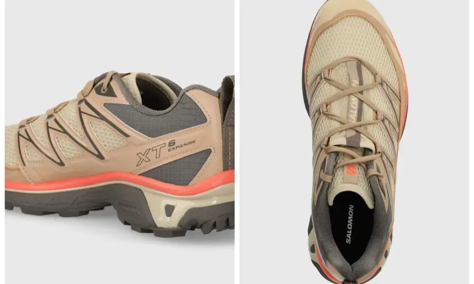 Buty Salomon XT-6 Expanse w kolorze beżowym z pomarańczowymi akcentami. Idealne na szlaki, czy to Salewa, czy Salomon, te buty zapewnią komfort.