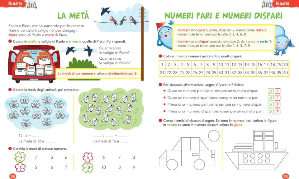 Esercizi di matematica per la classe seconda su numeri pari e dispari, con esempi visivi di metà e divisione per 2.