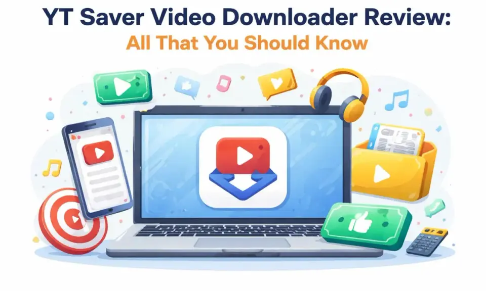 Un laptop mostra un'icona di download video, con un telefono, cuffie e una cartella di file. Un'illustrazione che promuove un yt downloader.