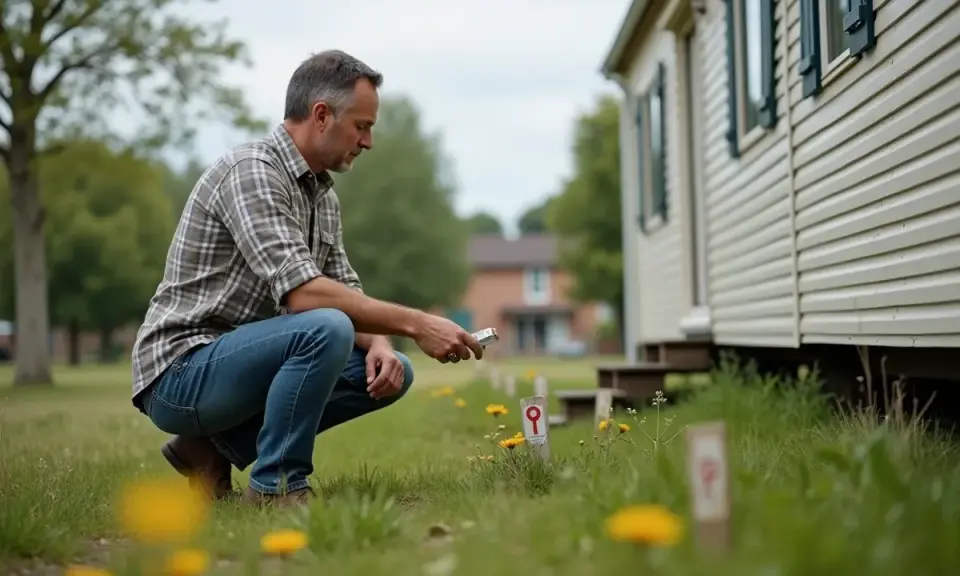 Un homme vérifie les repères au sol lors de l'installation d'un mobil home.