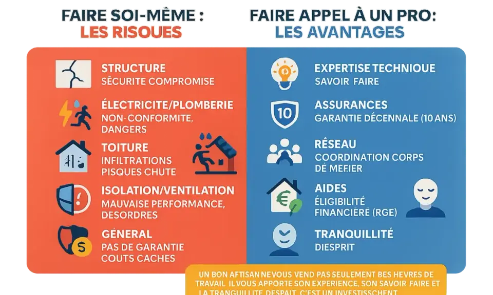 Comparaison des risques du bricolage pour rénover appartement ancien et des avantages de faire appel à un professionnel : expertise, assurances, tranquillité.