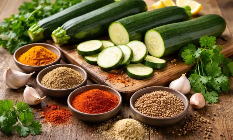 Courgettes coupées et épices variées : curcuma, cumin, paprika, coriandre. Une invitation à découvrir quelle épice avec courgette sublimera votre plat.