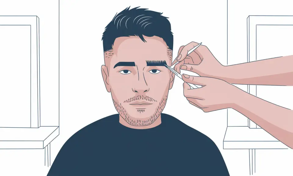 Un homme se fait tailler le trait sourcil par une main tenant une pince à épiler et un peigne.