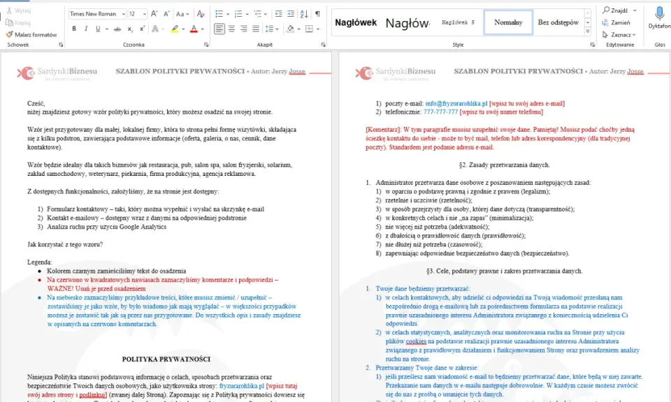 Gotowy wzór polityki prywatności dla lokalnych firm. Dokument zawiera kluczowe informacje o przetwarzaniu danych osobowych, zgodny z prawem.