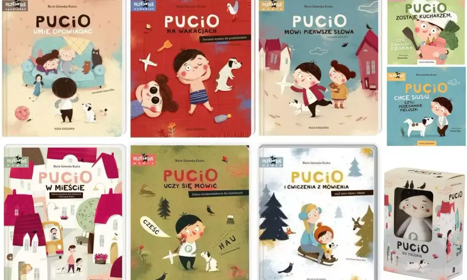 Książki z Pucio: "Pucio umie opowiadać", "Pucio na wakacjach", "Pucio mówi pierwsze słowa", "Pucio zostaje kucharzem", "Pucio w mieście", "Pucio uczy się mówić", "Pucio i ćwiczenia z mówienia" oraz maskotka Pucio.