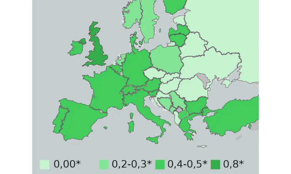 Mapa Europy z zaznaczonymi dopuszczalnymi limitami alkoholu we krwi. Austria ma limit 0,4-0,5 promila.