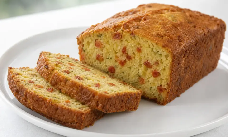 Tranche de cake salé au chorizo, parsemé de petits morceaux rouges et de fines herbes vertes.