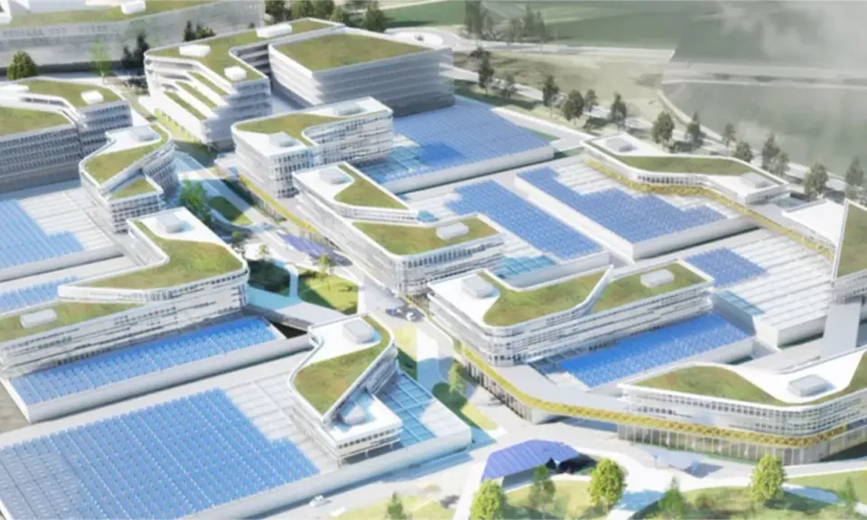 Moderne Gebäude mit begrünten Dächern und Solaranlagen prägen diesen urbanen Lebensraum.
