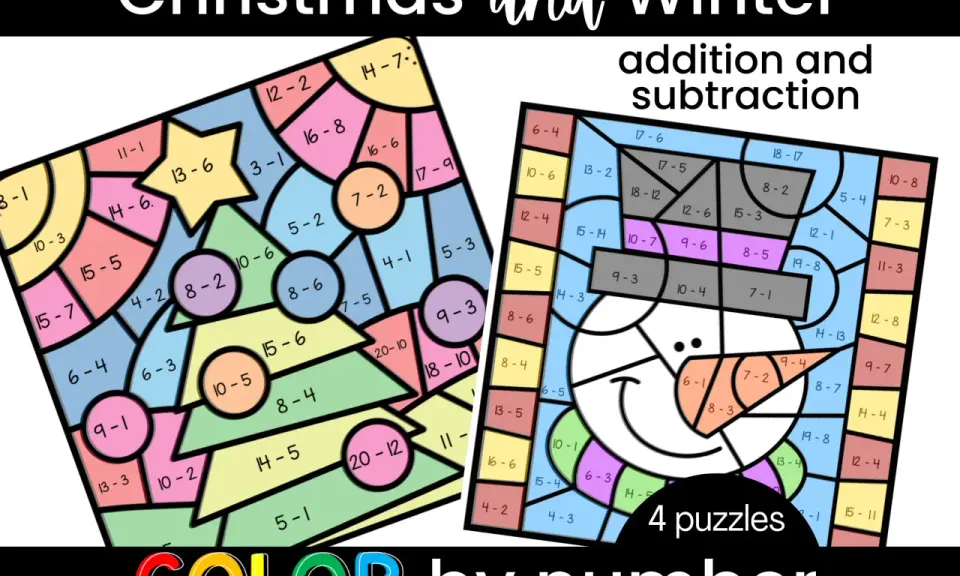 Addizioni e sottrazioni disegni da colorare con operazioni matematiche. Un albero di Natale e un pupazzo di neve composti da sezioni numerate per esercitarsi con i calcoli.