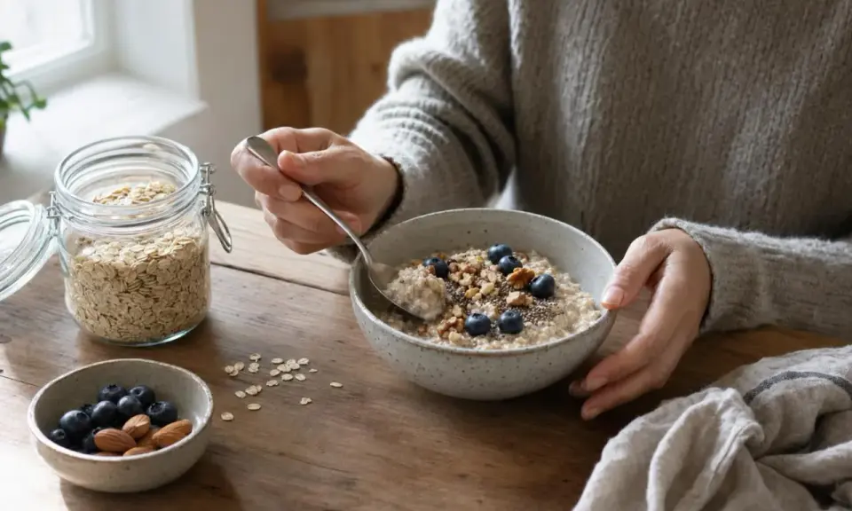 Persona che gusta una ciotola di fiocchi d'avena con mirtilli e noci. Un barattolo di fiocchi d'avena è visibile. Ecco come mangiare i fiocchi d'avena per una colazione sana.
