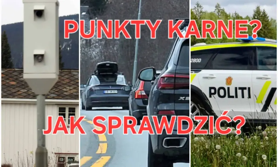 Trzy panele: fotoradar, samochody na drodze, radiowóz policyjny. Czerwony napis: "Punkty karne? Jak sprawdzić?".