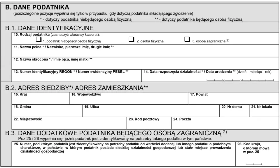 Formularz podatkowy z sekcjami B.1, B.2 i B.3, zawierający dane identyfikacyjne, adresowe i dodatkowe podatnika, w tym pole na numer identyfikacyjny REGON lub PESEL, istotne dla rozliczeń vat.