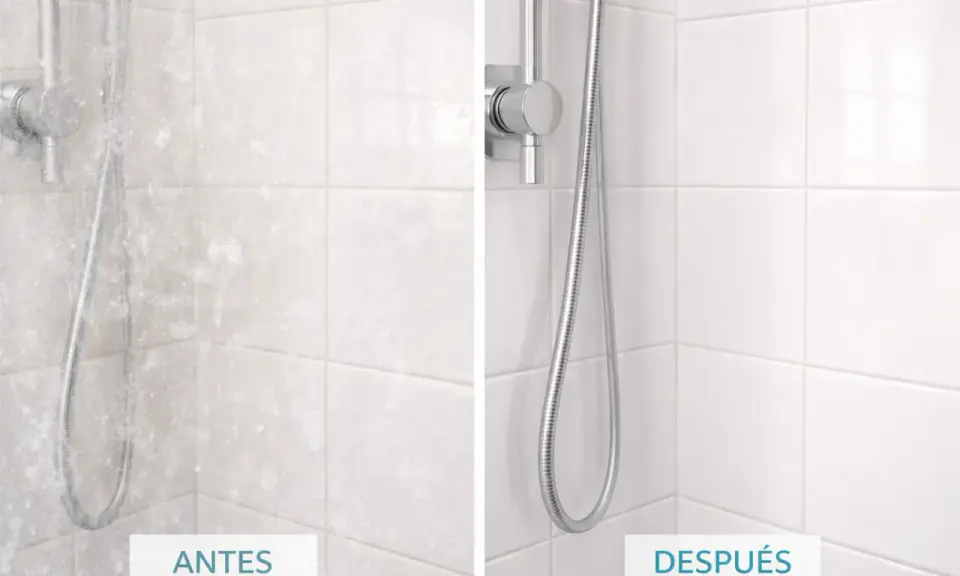 Comparativa de azulejos de baño: antes con cal incrustada y después, limpios y brillantes. Aprende como quitar la cal de los azulejos del baño.