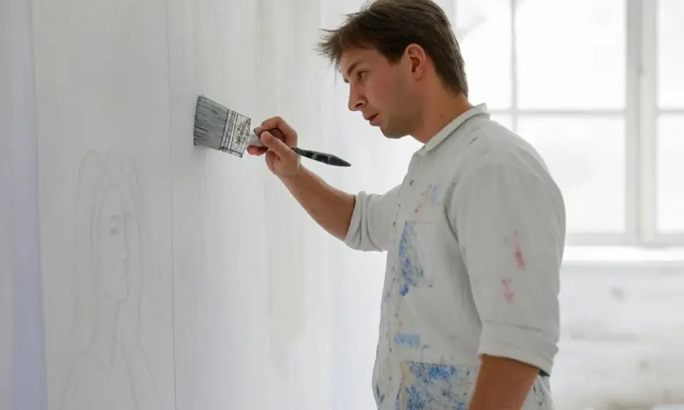 Un peintre applique un enduit rebouchage chaux sur un mur, préparant la surface pour une fresque.