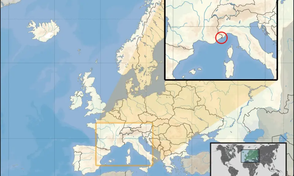 Mapa Europy z zaznaczonym przybliżeniem na Lazurowe Wybrzeże, gdzie jest Monako. Czerwony okrąg wskazuje jego lokalizację.