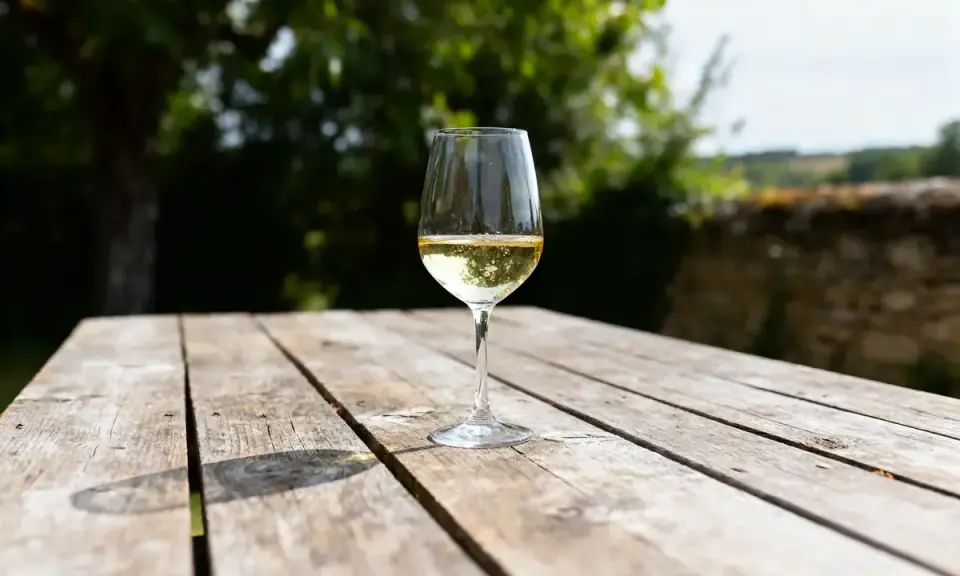 Verre de vin blanc pétillant, un cépage bourgogne aligoté, sur une table en bois à l'extérieur.