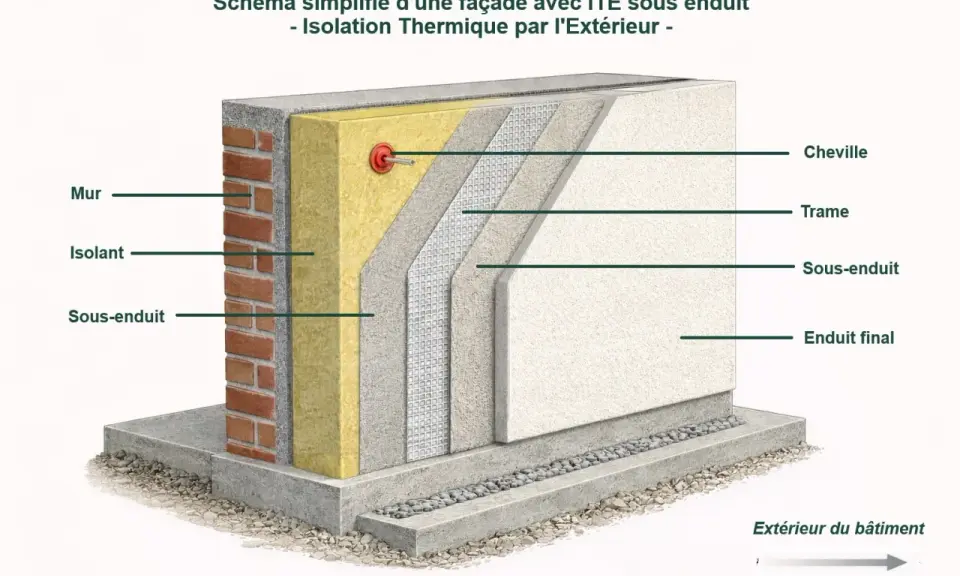 Coupe d'un mur montrant l'isolation thermique par l'extérieur (ITE) : mur, isolant, sous-enduit, trame, cheville, enduit final.