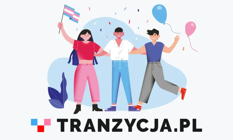 Trzech przyjaciół świętuje, jeden z nich trzyma flagę transpłciową. Dowiedz się, czym jest ftm i wspieraj tranzycję.