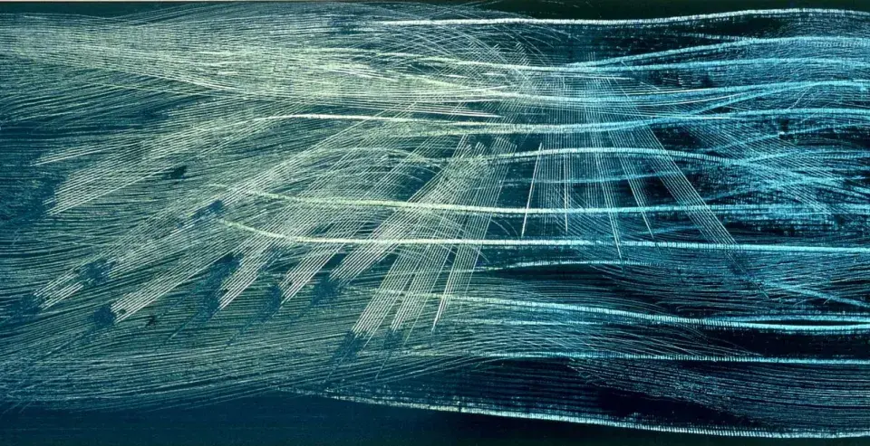 Abstract painting with sweeping white and blue lines on a dark background.