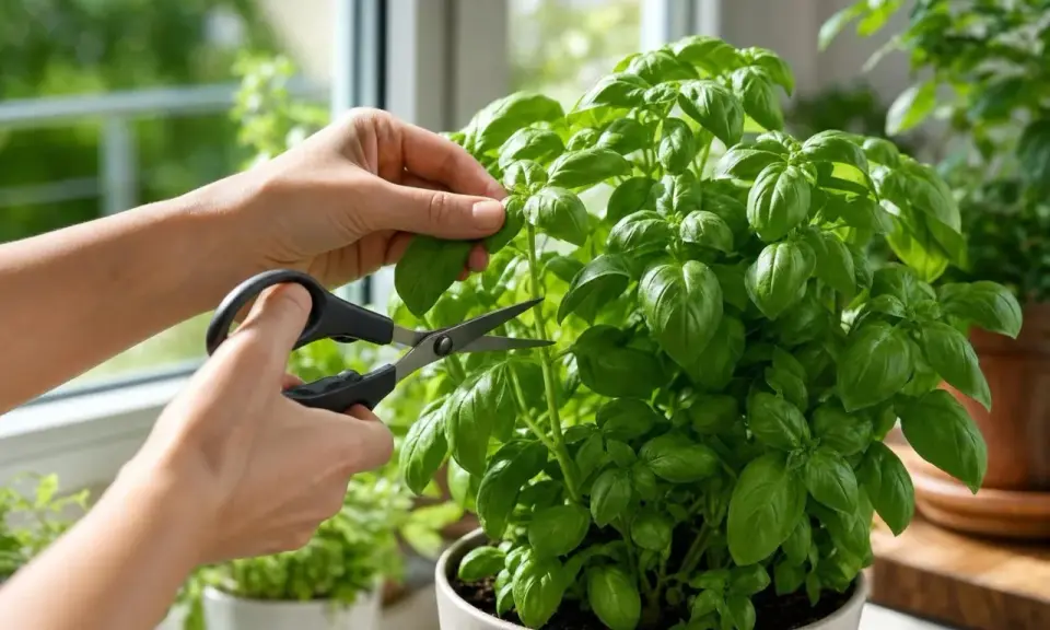 Coup de ciseaux pour récolter des feuilles fraîches d'un basilic en pot luxuriant, prêt à parfumer vos plats.