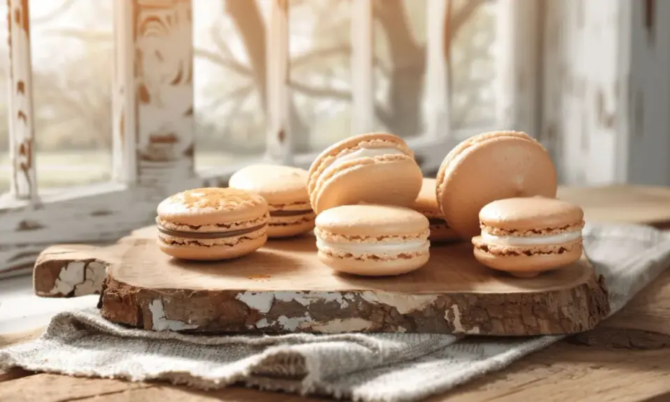 Douceurs de Pâques : des macarons aux teintes pastel, garnissent une planche en bois rustique, baignés d'une lumière douce.