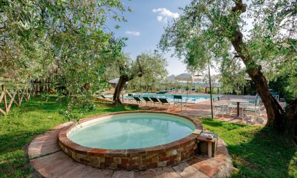 Un angolo di paradiso per dormire in fattoria con bambini: una piccola piscina circondata da ulivi, con una più grande sullo sfondo.
