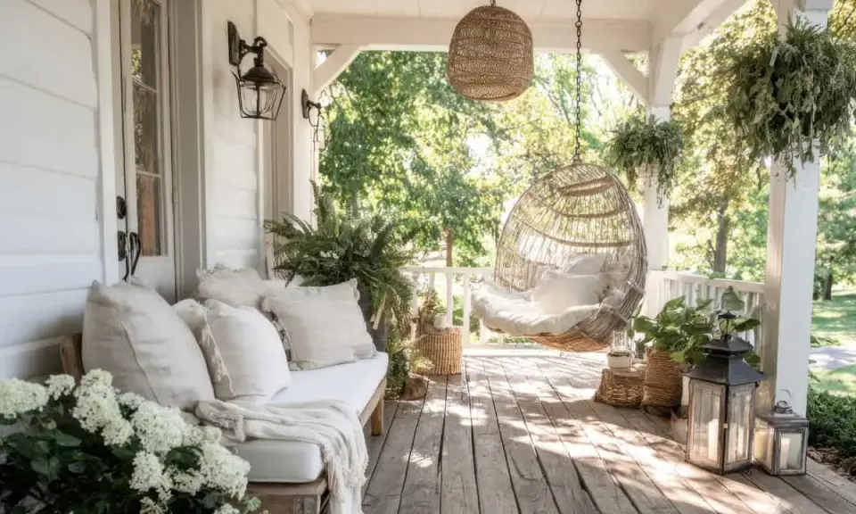 Porche pequeño entrada casa con banco, sillón colgante de mimbre y plantas.