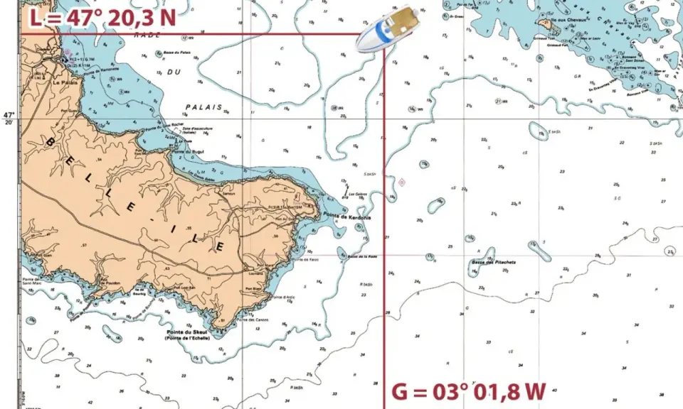 Carte de navigation maritime de la région de Belle-Île, avec une illustration de bateau.