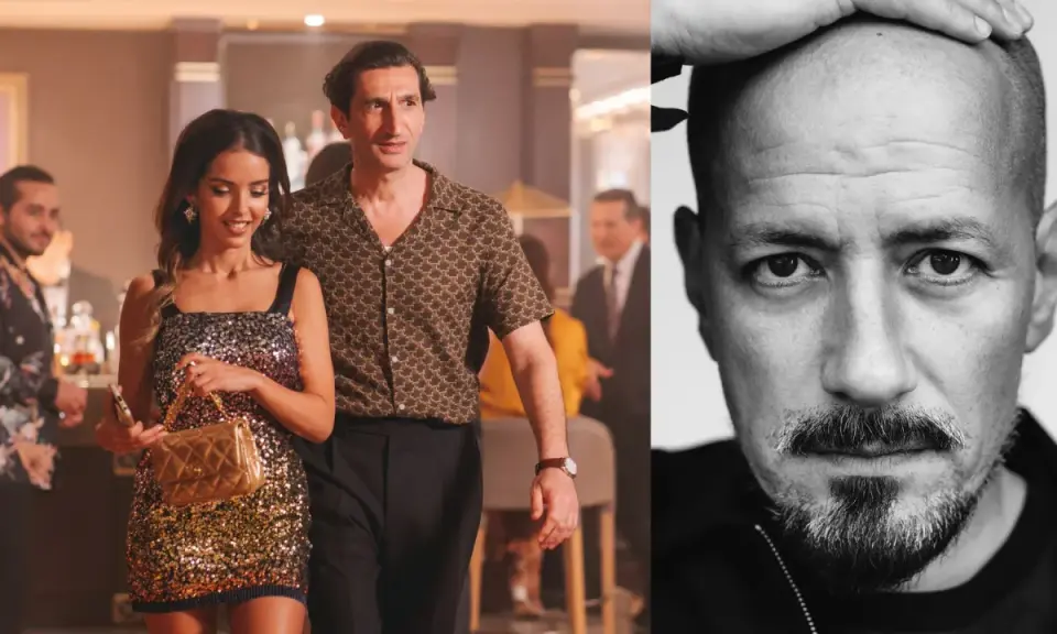 En scen från filmer med Tarik Saleh visar ett par som går på en fest. Bredvid syns en närbild på Tarik Saleh själv.