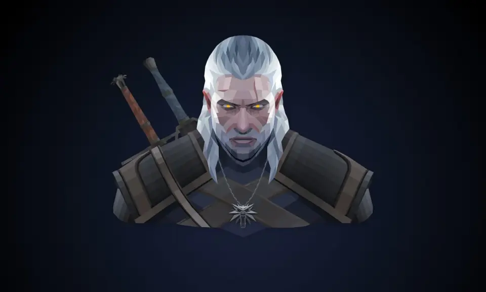 Geralt z Rivii, wiedźmin z wilczym medalionem i dwoma mieczami, patrzy groźnie. Jego oczy świecą na żółto, a twarz naznaczona jest bliznami.
