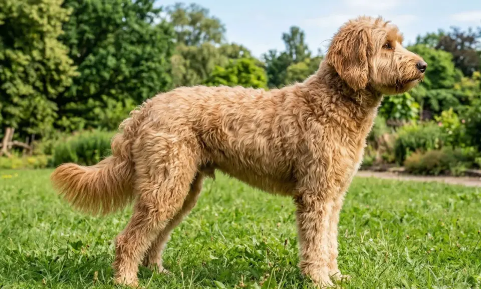 En fluffig labradoodle mini står i gräset med träd i bakgrunden.