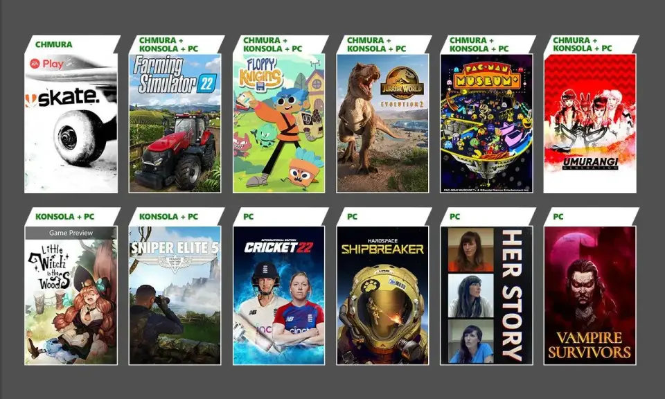 Game Pass PC lista gier: Skate, Farming Simulator 22, Floppy Knights, Jurassic World Evolution 2, Pac-Man Museum+, Umurangi Generation, Little Witch in the Woods, Sniper Elite 5, Cricket 22, Hardspace Shipbreaker, Her Story, Vampire Survivors.