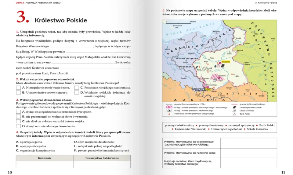 Podręcznik do historii klasa 7: mapa Królestwa Polskiego z zaznaczonymi ośrodkami przemysłu i uczelniami.