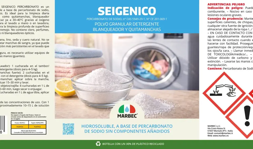 Polvo blanco hidrosoluble, qué es el percarbonato, en un tazón junto a un limón y una lavadora. Es un blanqueador y quitamanchas.