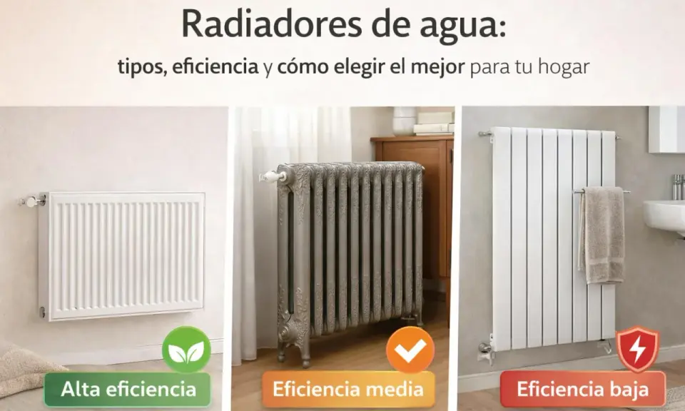 Tres tipos de radiadores de agua: uno moderno de alta eficiencia, uno clásico de eficiencia media y uno vertical de baja eficiencia.