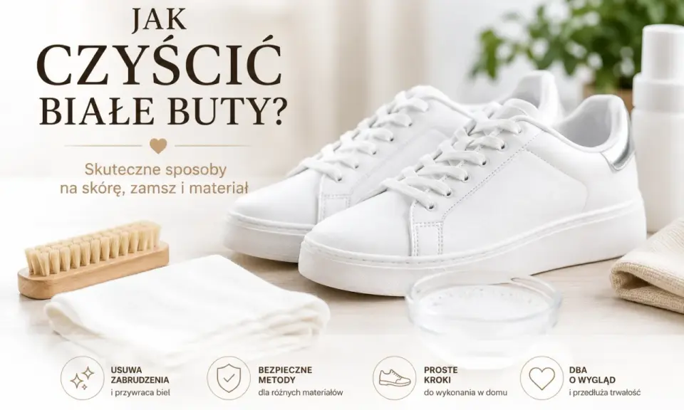 Jak wyczyścić białe adidasy? Skuteczne metody na skórę, zamsz i materiał. Szczotka, ściereczka i miseczka z płynem czekają, by przywrócić butom biel.