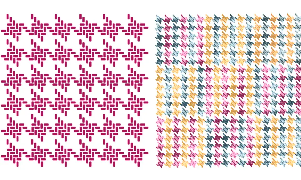 Two patterns: a single color check pattern in magenta on the left, and a multi-color check pattern in magenta, teal, and gold on the right.