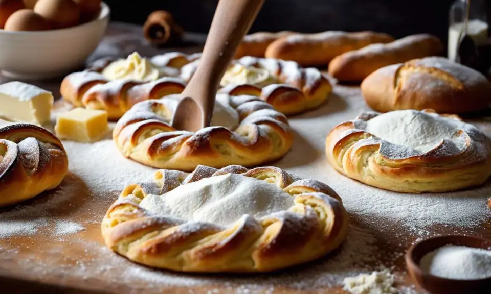 Pâte à croissant dorée, saupoudrée de sucre glace, prête à être garnie. Des ingrédients frais sur la table.