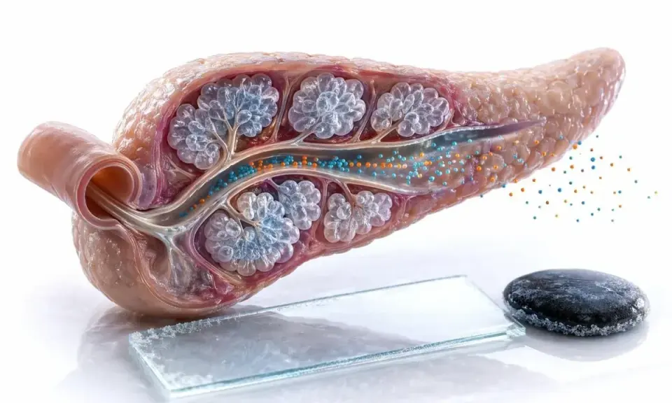 Pancreas che rilascia amilasi e lipasi. Le sfere blu e arancioni rappresentano gli enzimi digestivi.