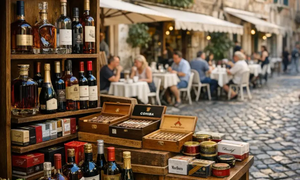 Butelki alkoholu i cygara na straganie na tle kawiarni z ludźmi przy stolikach.