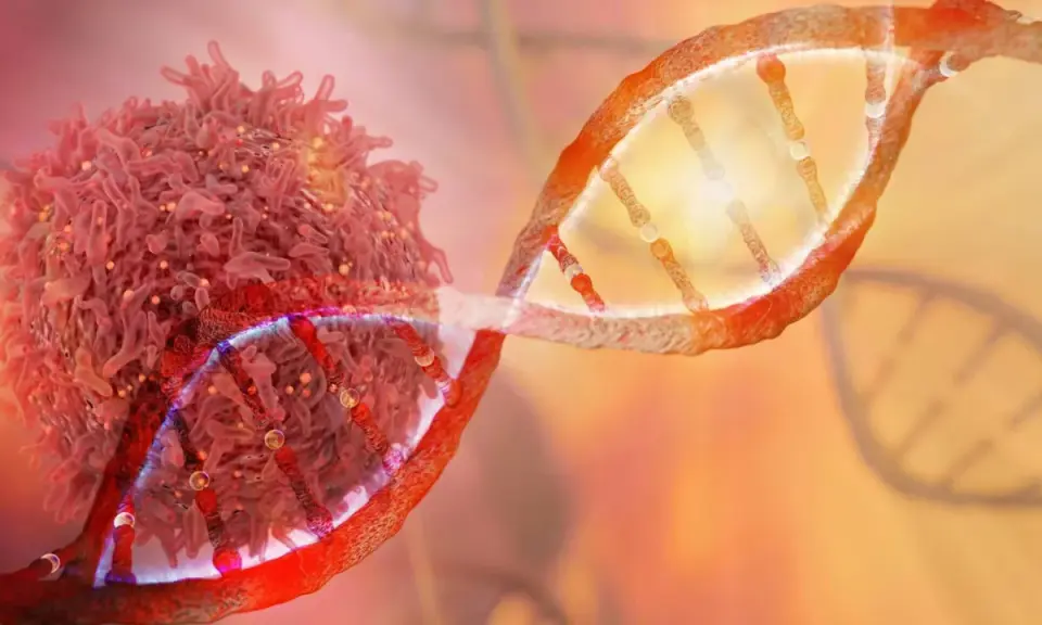 Cellula tumorale e DNA, simboli della lotta contro il cancro con l'immunoterapia oncologica.