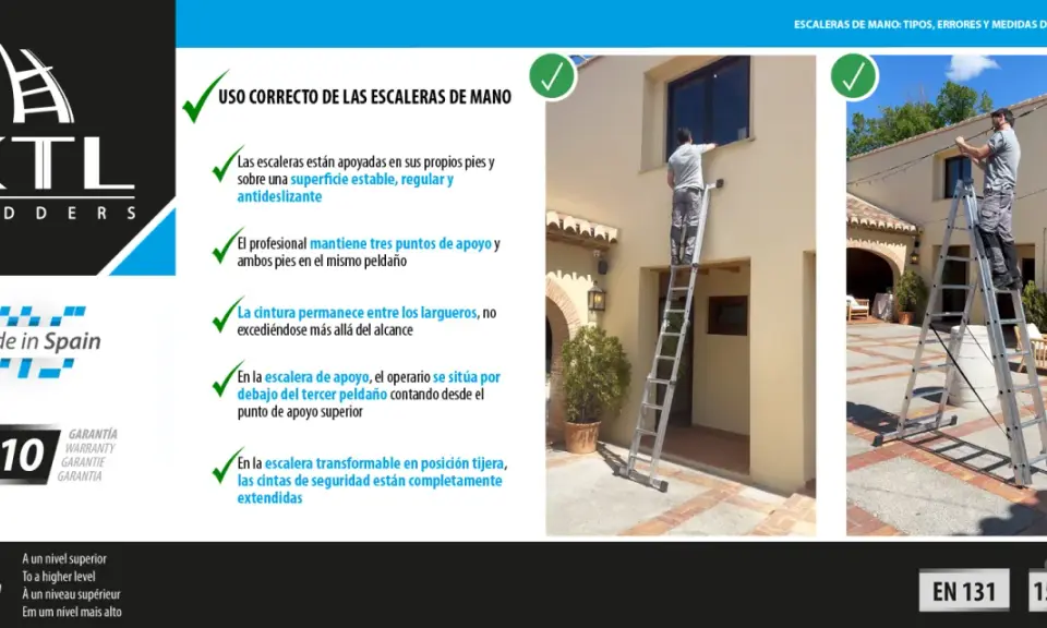 Un hombre usa una escalera de mano para colgar luces. Los peldaños de la escalera son visibles y se enfatiza el uso correcto.