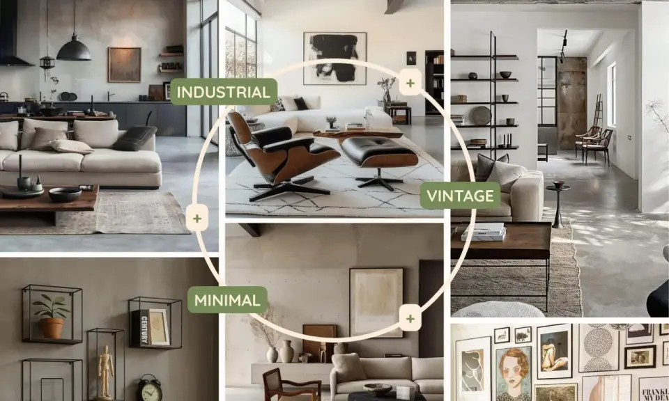 Ambienti con design furniture: cucina industriale, soggiorno vintage con poltrona iconica, galleria minimalista e parete di quadri.