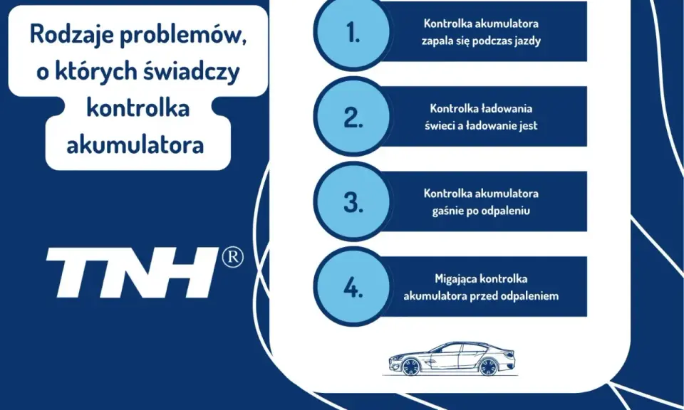 Rodzaje problemów, o których świadczy kontrolka akumulatora: zapala się podczas jazdy, świeci, gaśnie po odpaleniu, miga przed odpaleniem.