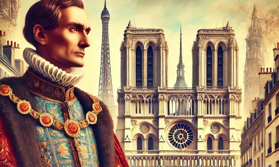 Un nobile con collare a gorgiera e abiti sfarzosi guarda verso Notre Dame e la Torre Eiffel. Parigi val bene una messa, un'immagine che evoca storia e grandezza.